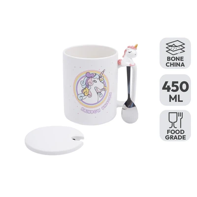 Gambar Delicia Mug Bone China Dengan Tutup & Sendok Unicorn 450 ml - Putih