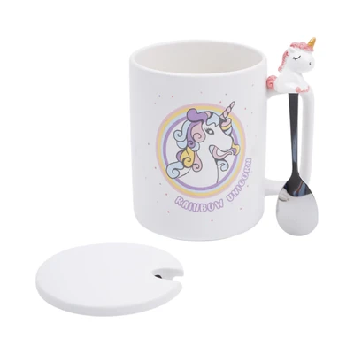Gambar Delicia Mug Bone China Dengan Tutup & Sendok Unicorn 450 ml - Putih
