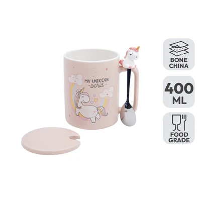 Gambar Delicia Mug Bone China Dengan Tutup & Sendok Unicorn 400 ml - Krem