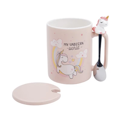 Gambar Delicia Mug Bone China Dengan Tutup & Sendok Unicorn 400 ml - Krem