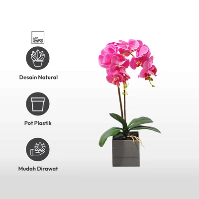Gambar Arthome Bunga Artifisial Orchid 2 Tangkai Dengan Pot 21x21x50 cm - Pink Fuschia