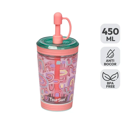 Gambar Tusslr Toursun Botol Minum Tumbler Anak Plastik Rainbow 450 Ml - Pink