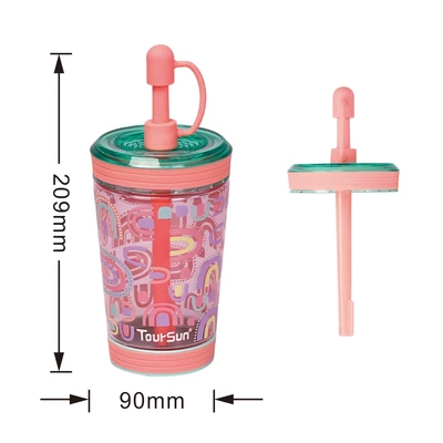 Gambar Tusslr Toursun Botol Minum Tumbler Anak Plastik Rainbow 450 Ml - Pink