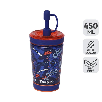 Gambar Tusslr Toursun Botol Minum Tumbler Anak Plastik Game 450 Ml - Biru