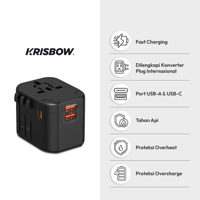 Gambar Krisbow Travel Adaptor 2 USB-A & 1 USB-C 20 Watt QC - Hitam