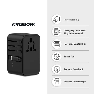 Gambar Krisbow Travel Adaptor 2 USB-A & 2 USB-C 70 Watt Dengan Kabel - Hitam