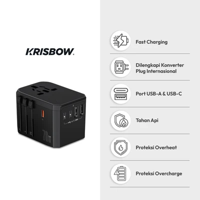 Gambar Krisbow Travel Adaptor 2 USB-A & 3 USB-C 70 Watt GaN QC - Hitam