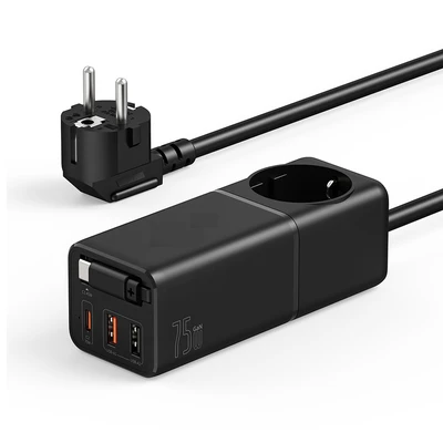 Gambar Krisbow Desktop Charger GaN Dengan Soket & Kabel 75 Watt - Hitam