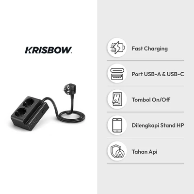Gambar Krisbow Stop Kontak Ekstensi 2 Soket Dengan USB-A & USB-C - Hitam