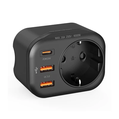 Gambar Krisbow Steker Adaptor Multifungsi Dengan USB-A & USB-C - Hitam