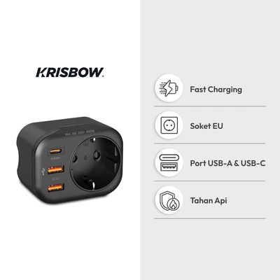 Gambar Krisbow Steker Adaptor Multifungsi Dengan USB-A & USB-C - Hitam