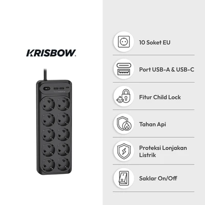 Gambar Krisbow Stop Kontak Ekstensi 10 Soket Dengan USB-A & USB-C - Hitam