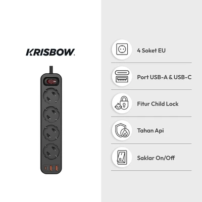 Gambar Krisbow Stop Kontak Ekstensi 4 Soket Dengan USB-A & USB-C - Hitam