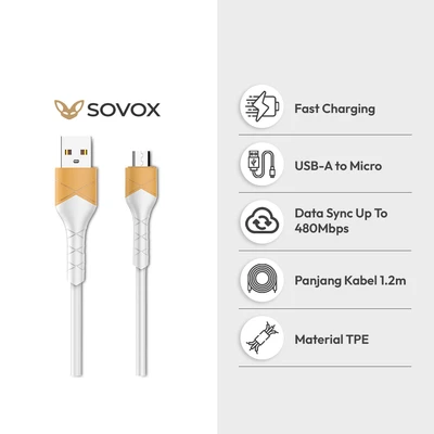 Gambar Sovox Kabel Charger USB-A To Micro USB TPE 30 Watt 1.2 Meter - Putih