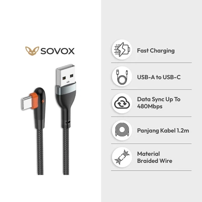 Gambar Sovox Kabel Charger USB-A To USB-C L Shape 1.2 Meter 2.4A