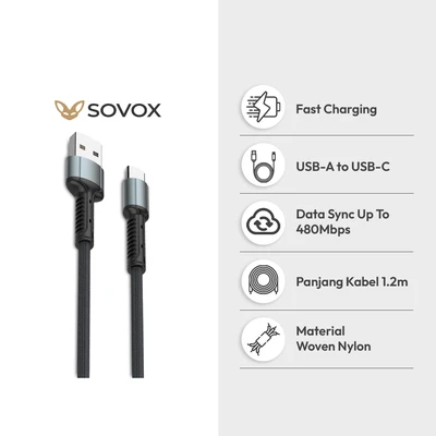 Gambar Sovox Kabel Charger USB-A To USB-C 1.2 Meter 5A - Hitam