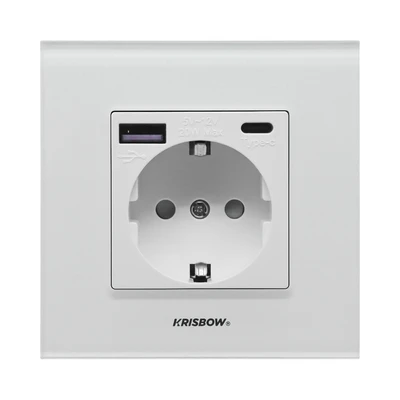 Gambar Krisbow Stop Kontak Dinding Glass Frame USB QC - Putih