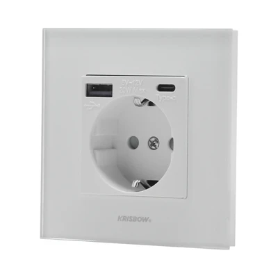 Gambar Krisbow Stop Kontak Dinding Glass Frame USB QC - Putih