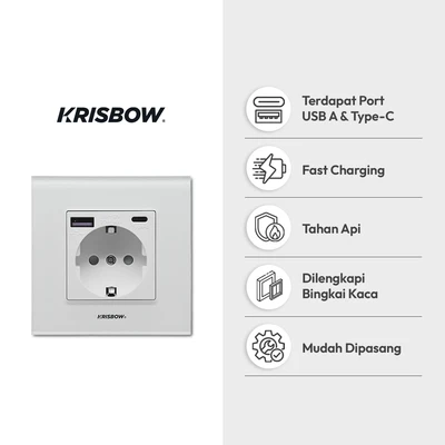 Gambar Krisbow Stop Kontak Dinding Glass Frame USB QC - Putih