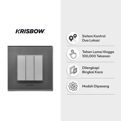 Gambar Krisbow Saklar Bingkai Kaca 3 Gang 2 Way - Abu-Abu