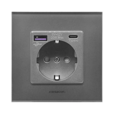 Gambar Krisbow Stop Kontak Dinding Glass Frame USB QC - Silver/Abu-Abu