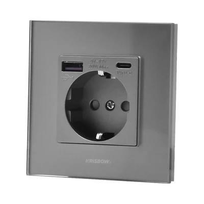 Gambar Krisbow Stop Kontak Dinding Glass Frame USB QC - Silver/Abu-Abu