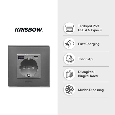 Gambar Krisbow Stop Kontak Dinding Glass Frame USB QC - Silver/Abu-Abu