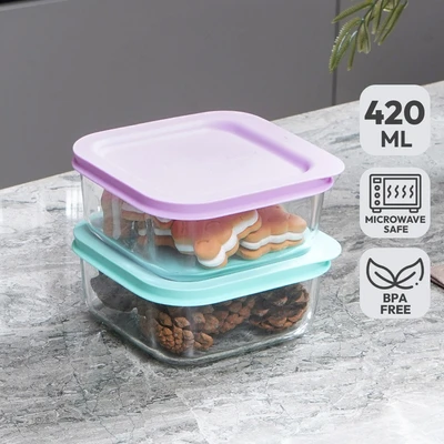 Gambar Glasslock One Touch Wadah Makanan 420 ml Set 2 pcs - Mix