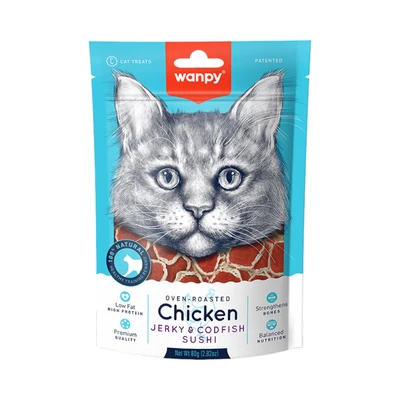 Gambar Wanpy Camilan Kucing Chicken Jerky & Codfish Sushi 80 gr