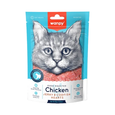 Gambar Wanpy Camilan Kucing Chicken Jerky & Codfish Hearts 80 gr
