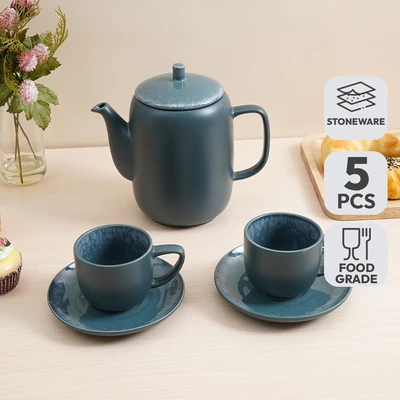 Gambar Delicia Greyish Teko & Cangkir Teh Keramik Stoneware Set 5 Pcs - Biru