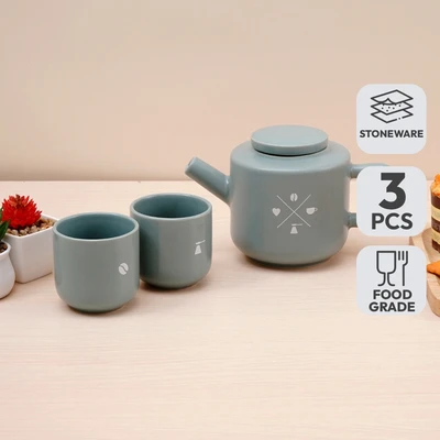 Gambar Delicia Lucha Teko & Cangkir Teh Keramik Stoneware Set 3 Pcs - Hijau