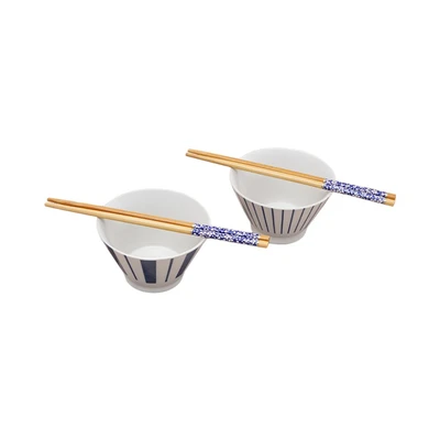 Gambar Delicia Verti Mangkuk Dengan Sumpit Set 2 pcs - Biru/Putih