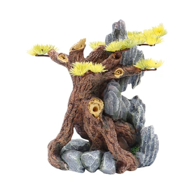 Gambar Fishland Dekorasi Akuarium Polyresin Tree With Stone 14.5 cm - Cokelat