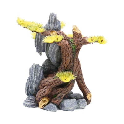 Gambar Fishland Dekorasi Akuarium Polyresin Tree With Stone 14.5 cm - Cokelat