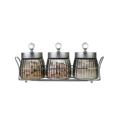 Gambar Picas Stoples Kaca Dengan Rak 480 ml Set 3 pcs - Silver
