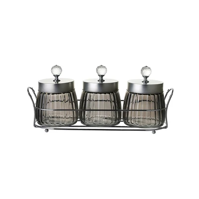 Gambar Picas Stoples Kaca Dengan Rak 480 ml Set 3 pcs - Silver