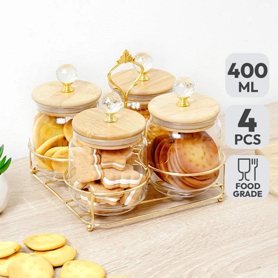 Gambar Informa Gia Stoples Kaca Dengan Rak 400 ml Set 4 pcs Transparan - Cokelat