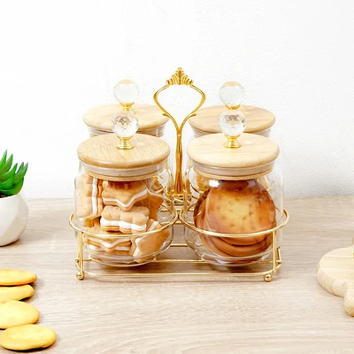 Gambar Informa Gia Stoples Kaca Dengan Rak 400 ml Set 4 pcs Transparan - Cokelat