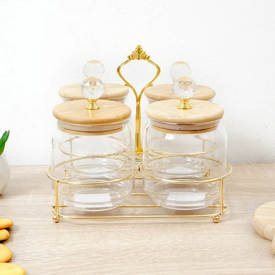 Gambar Informa Gia Stoples Kaca Dengan Rak 400 ml Set 4 pcs Transparan - Cokelat