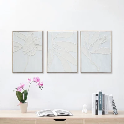 Gambar Informa Lukisan Kanvas Handmade Oil Paint Leaves 60x80 cm Set 3 Pcs - Putih