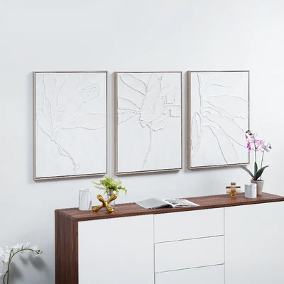 Gambar Informa Lukisan Kanvas Handmade Oil Paint Leaves 60x80 cm Set 3 Pcs - Putih