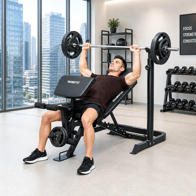 Gambar Kinetic Set Smart Weight Bench Dengan Plate & Bar 1.8 mtr- Hitam