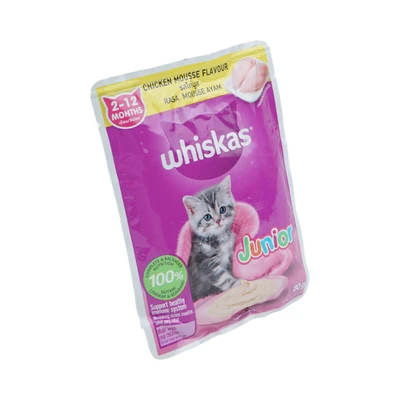 Gambar Whiskas Makanan Kucing Basah Junior Chicken Mousse 80 gr
