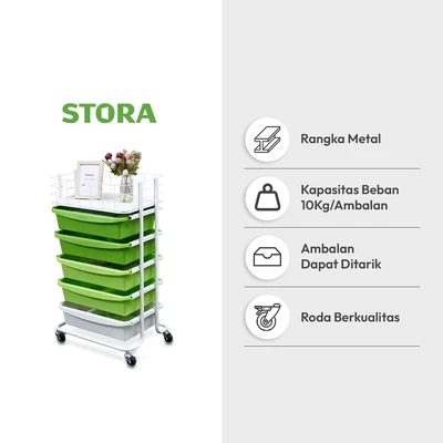 Gambar Stora Rak Troli 5 Tingkat Dengan Keranjang Frame Metal - Hijau