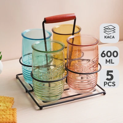 Gambar Culinart Gelas Kaca Dengan Rak Rainbow 600 ml Set 5 Pcs - Mix