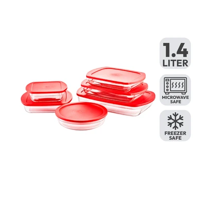 Gambar Culinart Wadah Saji Kaca Dengan Tutup Round 1.4 Liter - Merah
