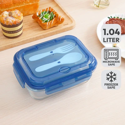 Gambar Picas Kotak Makan Kaca Dengan Sendok & Garpu 1.04 Liter - Biru