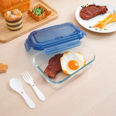 Gambar Picas Kotak Makan Kaca Dengan Sendok & Garpu 1.04 Liter - Biru