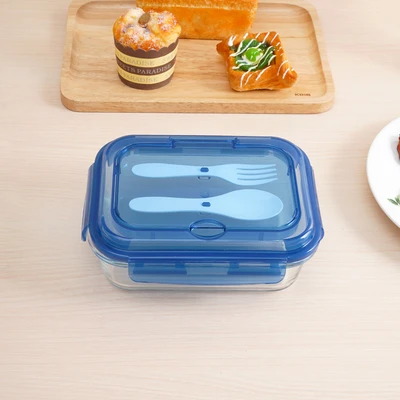 Gambar Picas Kotak Makan Kaca Dengan Sendok & Garpu 1.04 Liter - Biru